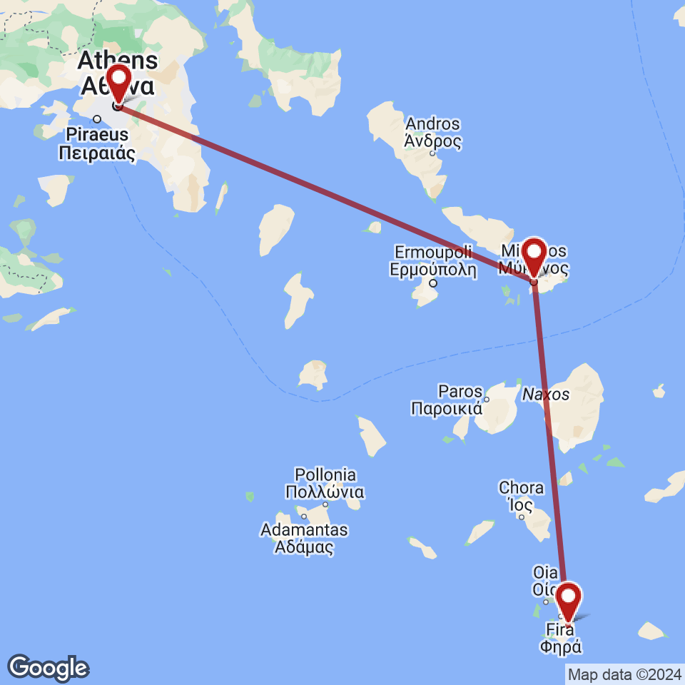Route for Athens, Mykonos, Santorini tour